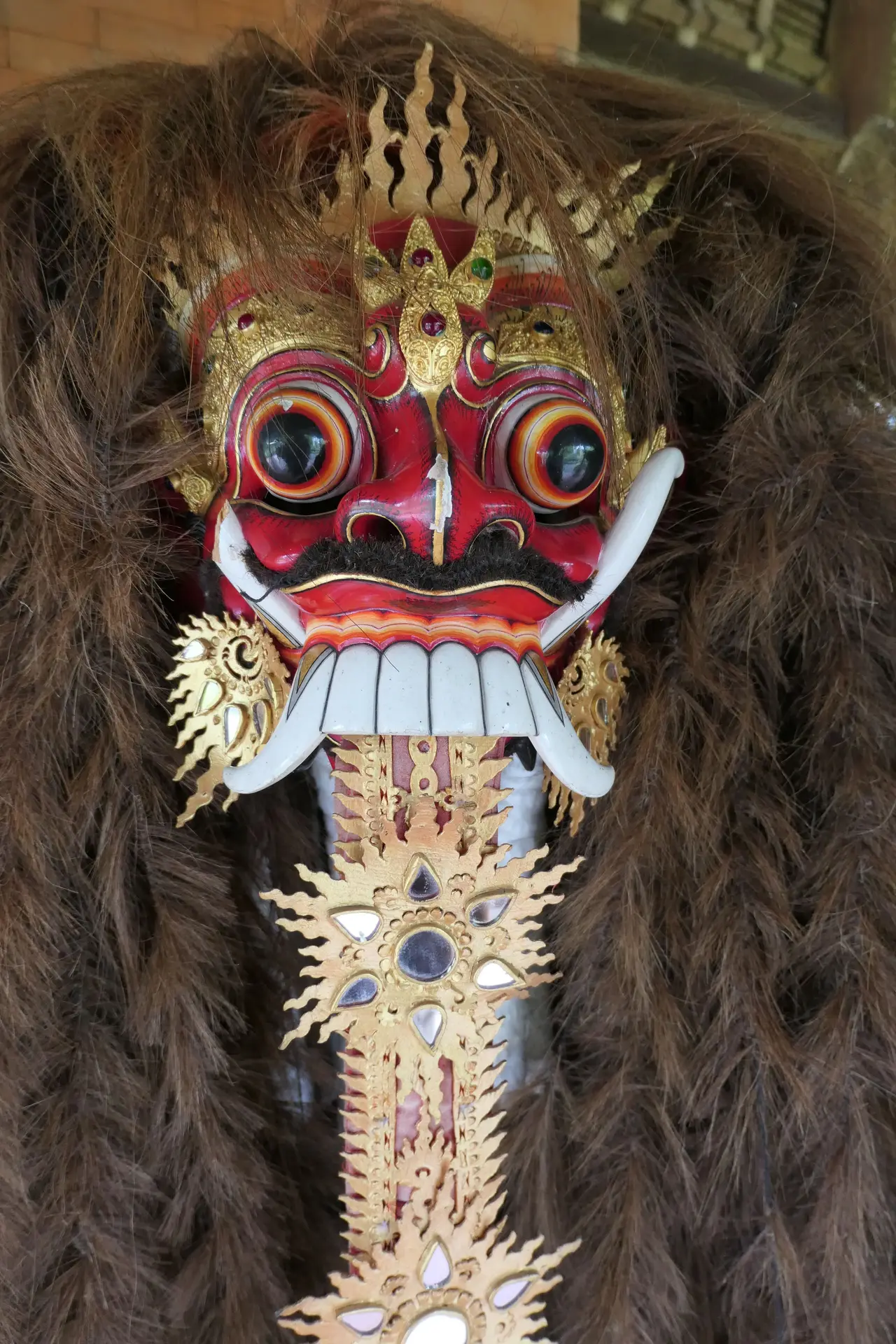 Close view of a Barong mask in red, white and gold, with round eyes, bared teeth and tusks, and a gold sun ornament, set in thick brown fur.